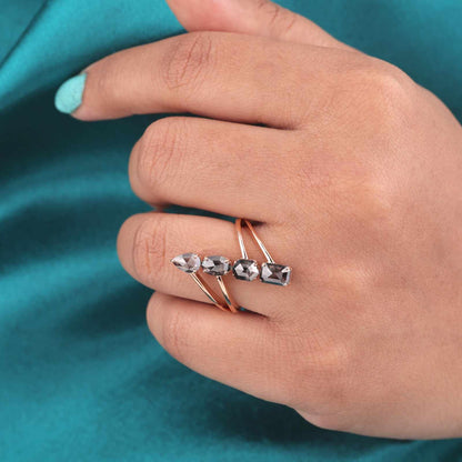 Modern Bypass Ring – Vertical Salt & Pepper Diamond in Rose Gold