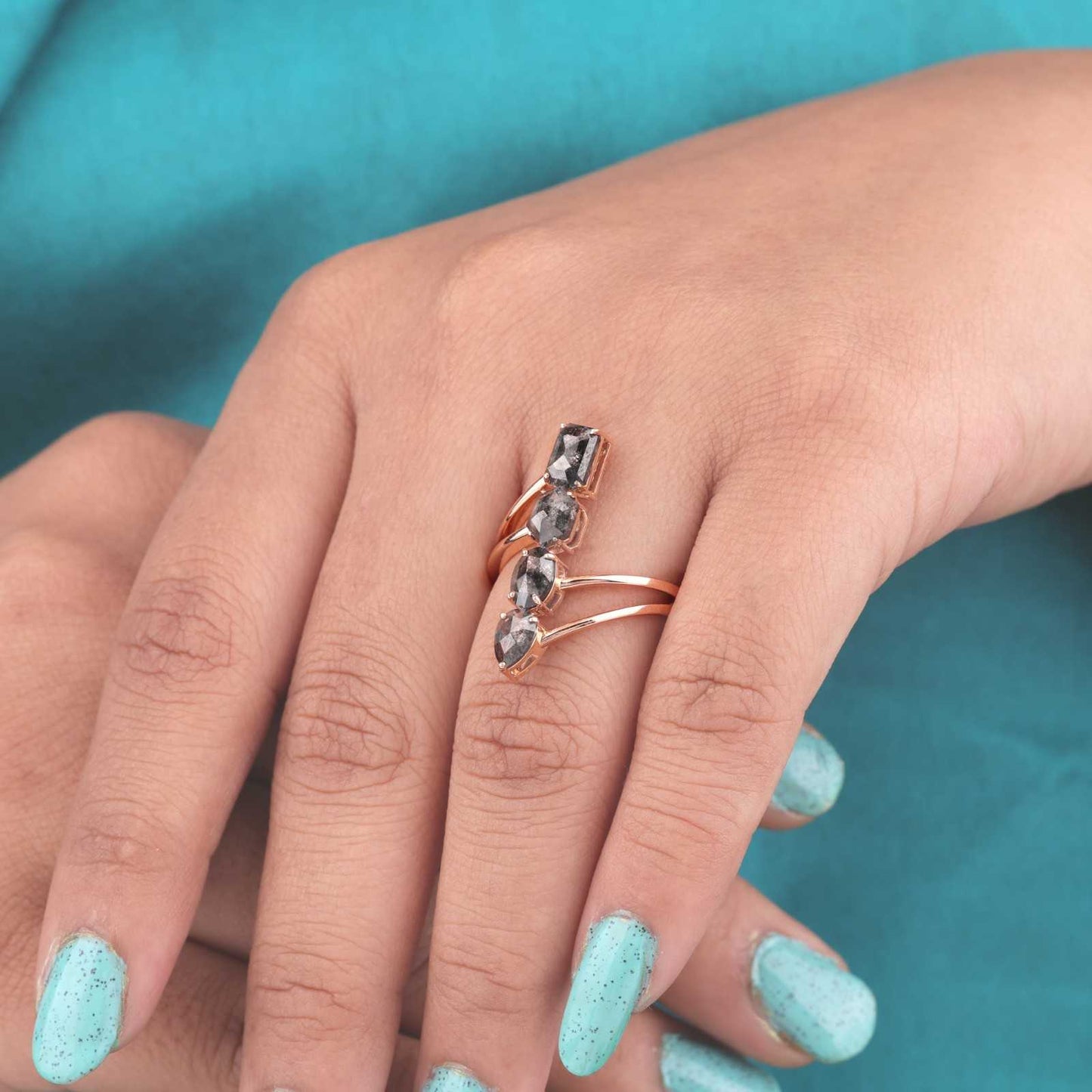 Modern Bypass Ring – Vertical Salt & Pepper Diamond in Rose Gold