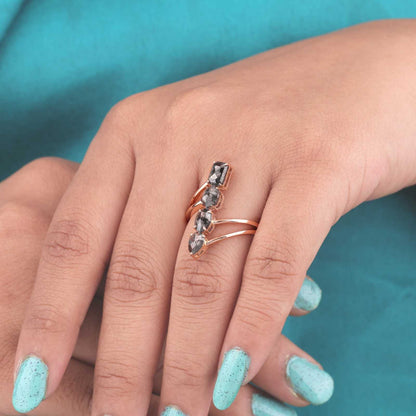 Modern Bypass Ring – Vertical Salt & Pepper Diamond in Rose Gold