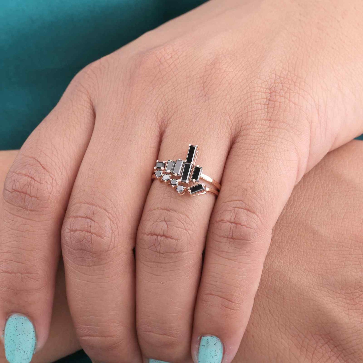 Black Diamond Ring in Rose Gold – Round & Baguette Cut