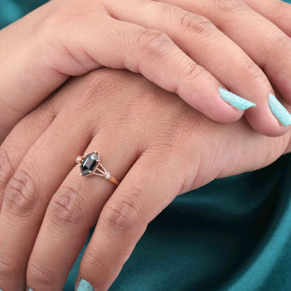 Hexagon Black Diamond Ring – Gothic Rose Gold Engagement