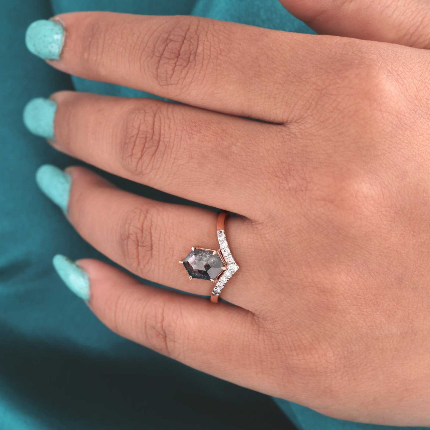 Hexagon Salt & Pepper Diamond Ring with Chevron Band