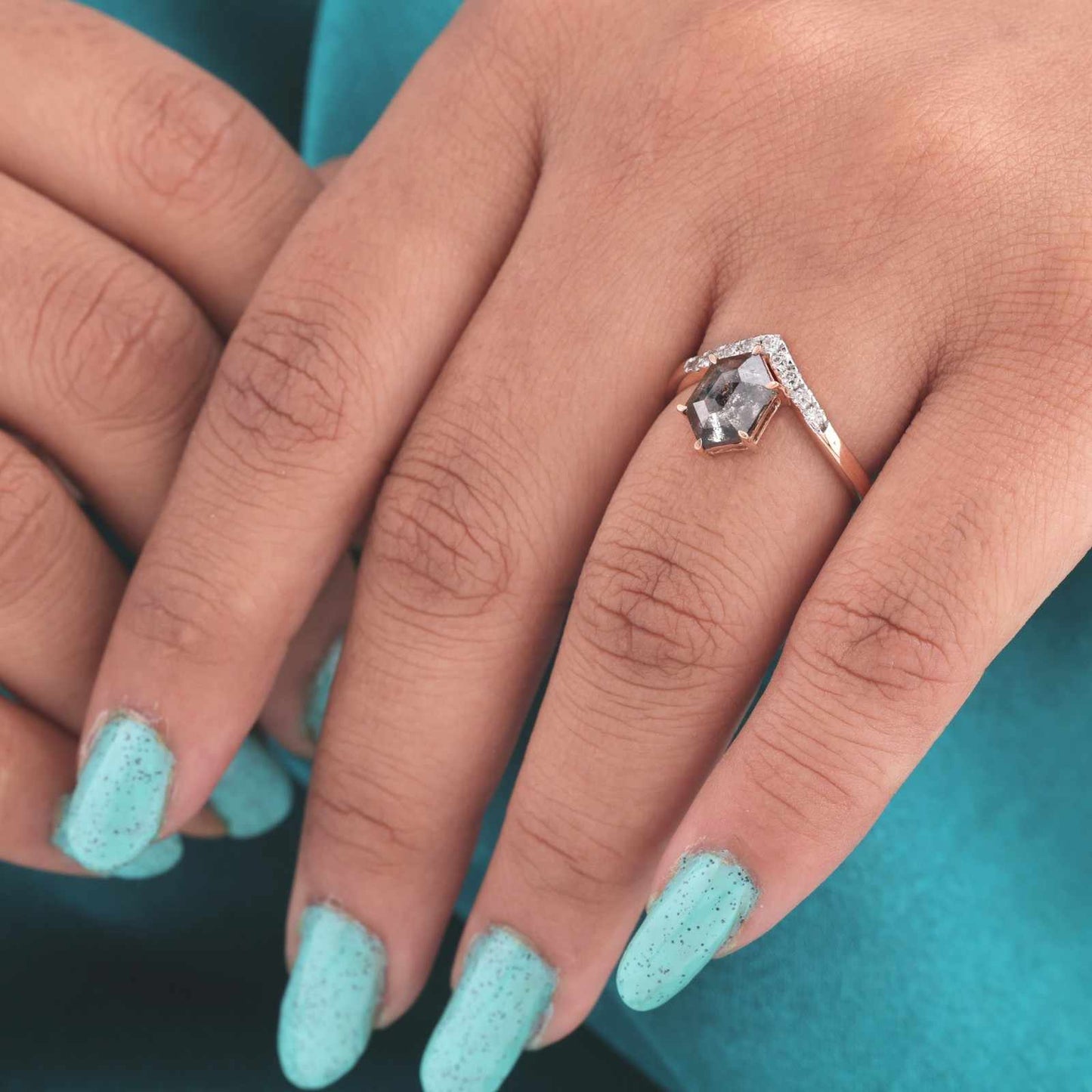 Hexagon Salt & Pepper Diamond Ring with Chevron Band