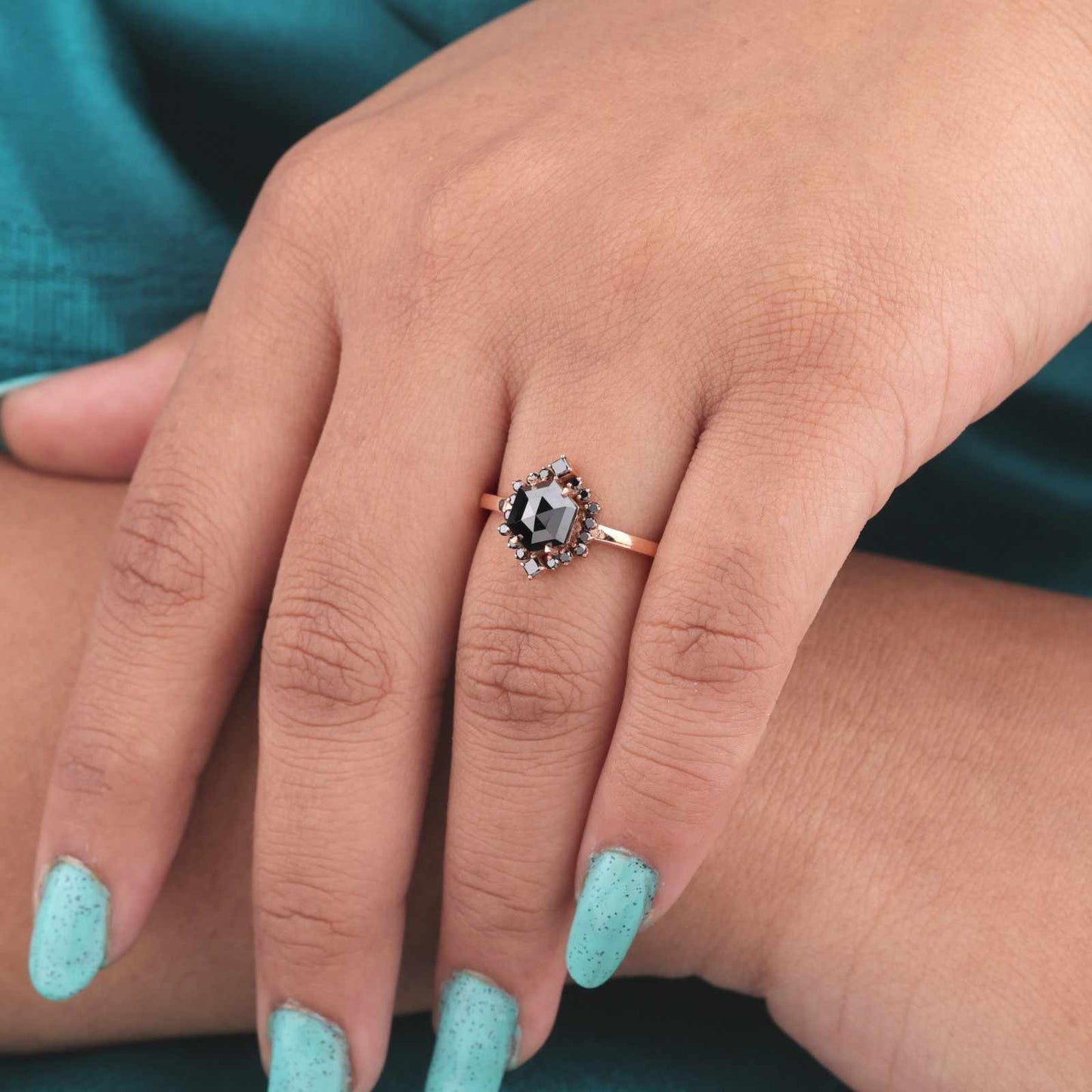 Edgy Engagement Ring – Hexagon Black Diamond in Rose Gold