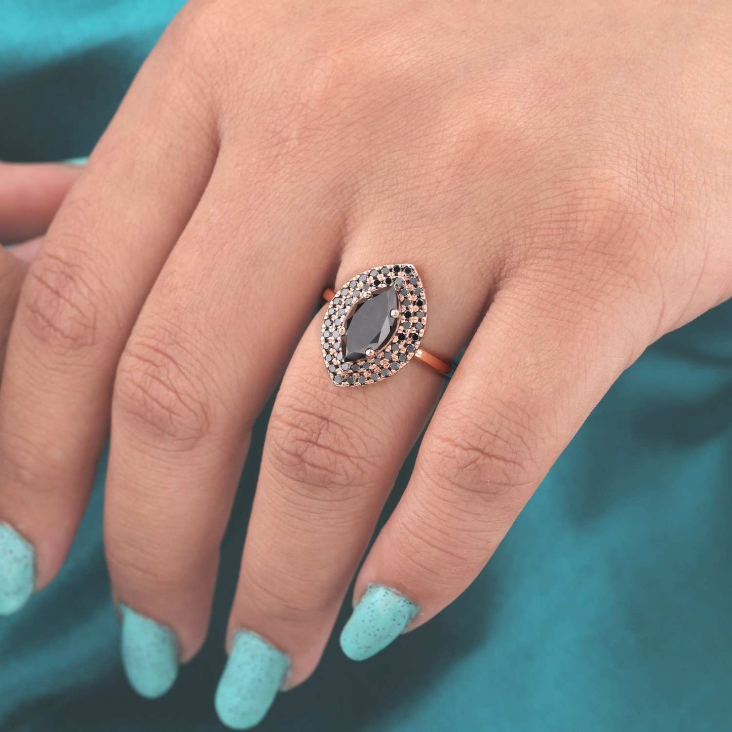 Glam Black Diamond Ring – Double Halo in Rose Gold
