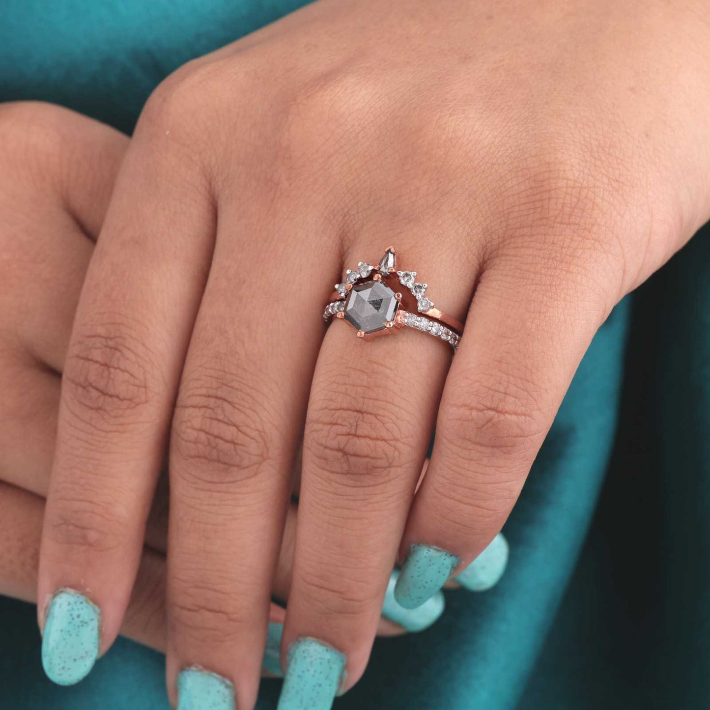 Rose Gold Boho Wedding Set – Hexagon Salt & Pepper Diamond