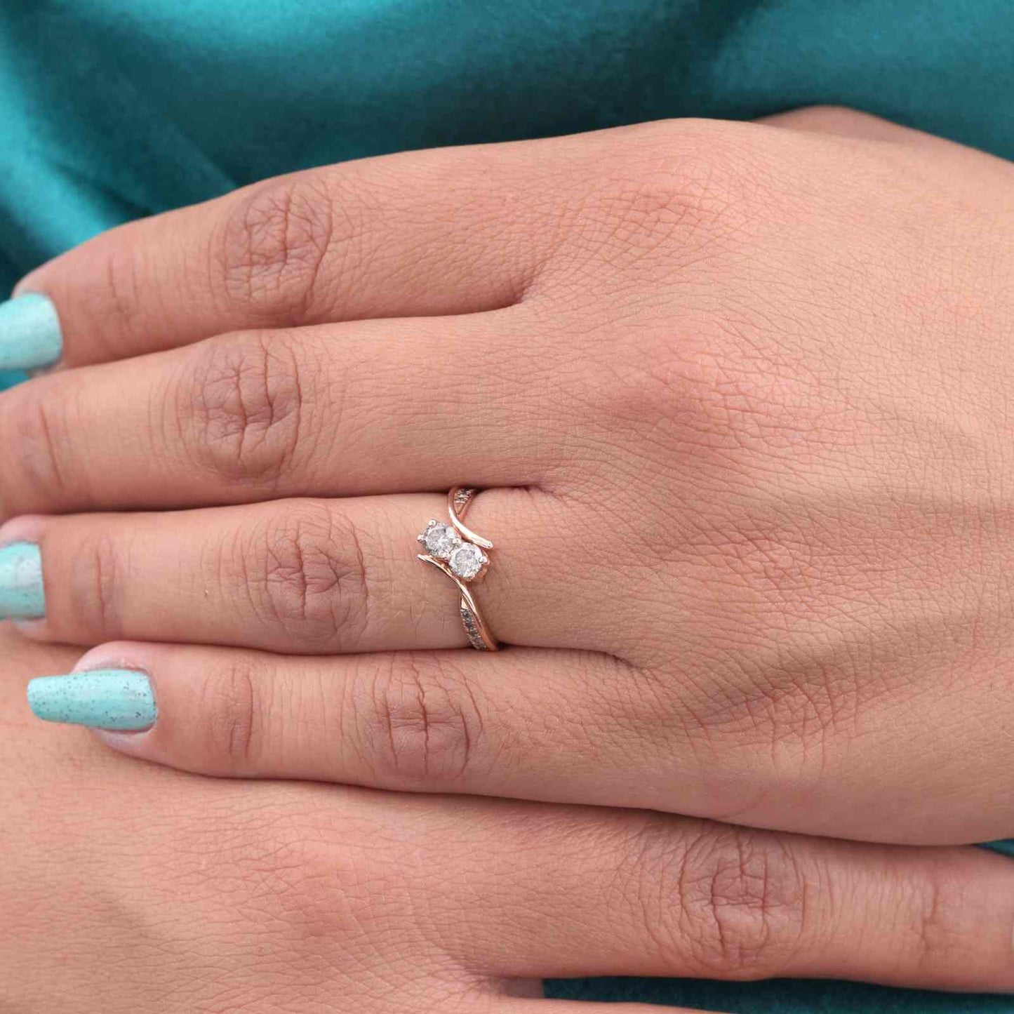 Rose Gold Bypass Ring with Dual Stones & Pavé Detailing