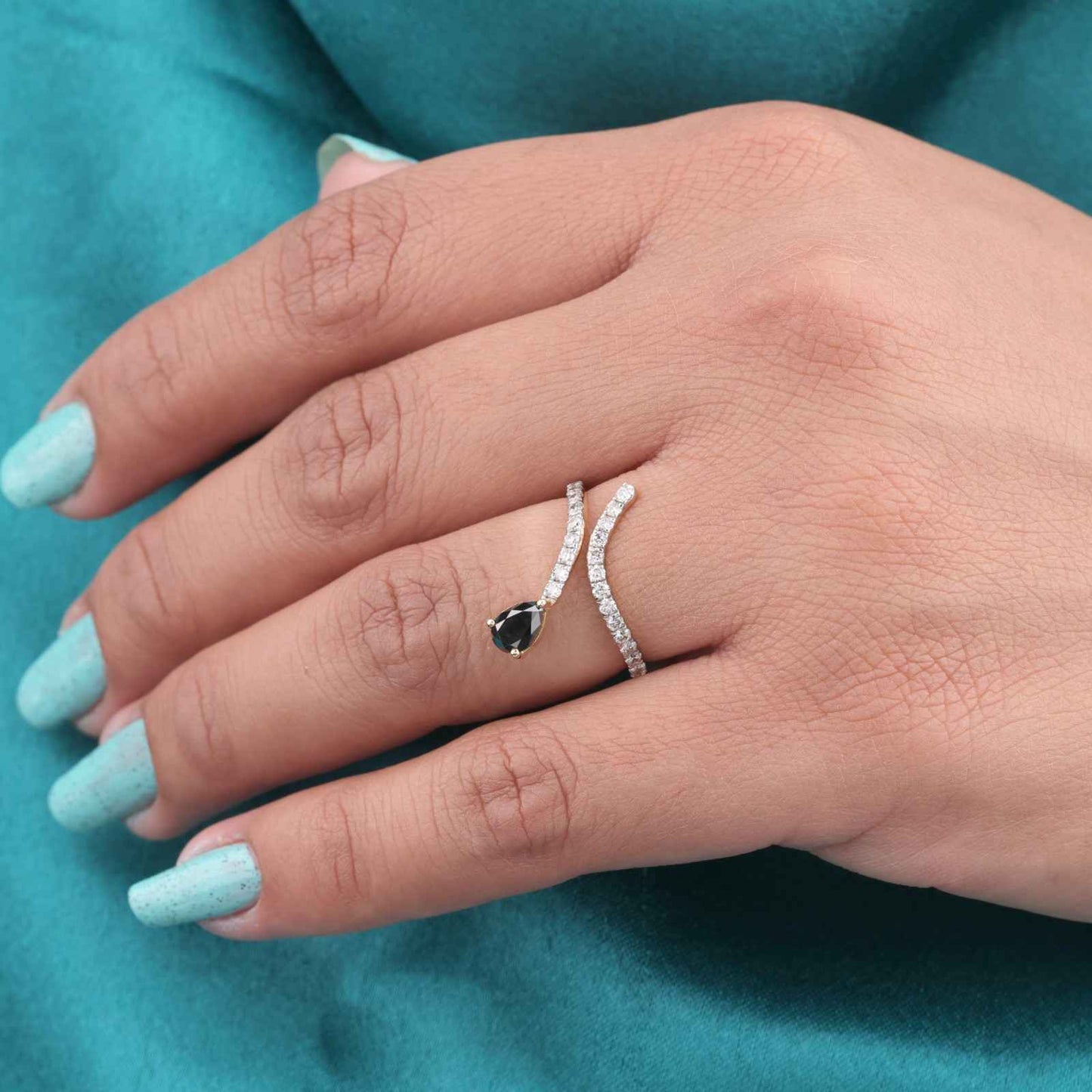 Unique Pear-Shaped Black Diamond Ring with Open Band