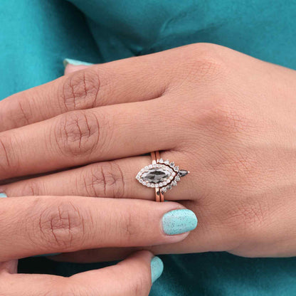 Rose Gold Halo Bridal Set – Marquise Diamond & Band