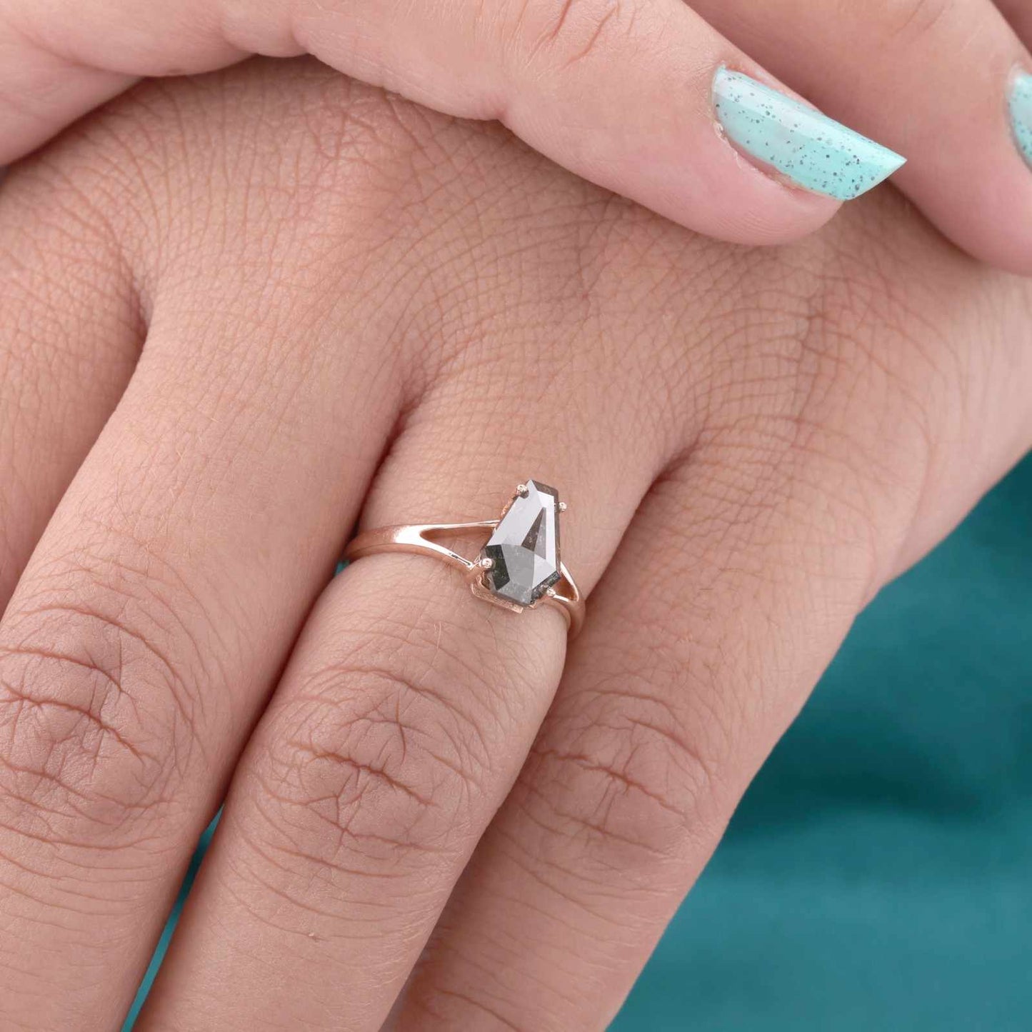 Coffin Cut Salt & Pepper Diamond Ring – Handcrafted & Bold