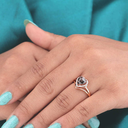 Rose Gold Heart Diamond Ring – Salt & Pepper Halo Design