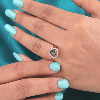 Rose Gold Heart Diamond Ring – Salt & Pepper Halo Design