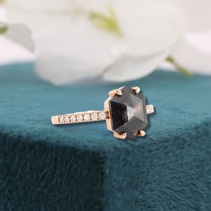 Hexagon Salt and Pepper Diamond Ring Rose Gold | Unique Engagement Ring | Geometric Diamond Ring | Alternative Bridal Ring