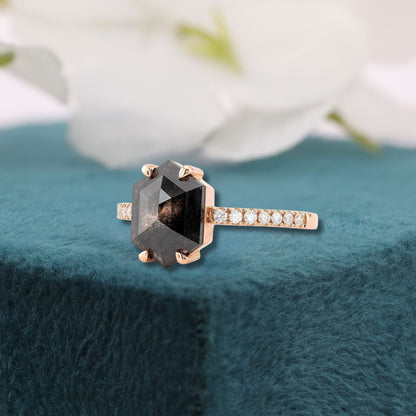 Hexagon Salt and Pepper Diamond Ring Rose Gold | Unique Engagement Ring | Geometric Diamond Ring | Alternative Bridal Ring