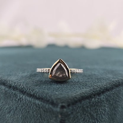 Modern Black Diamond Engagement Ring in Gold – Unique Triangle Cut Bridal Ring