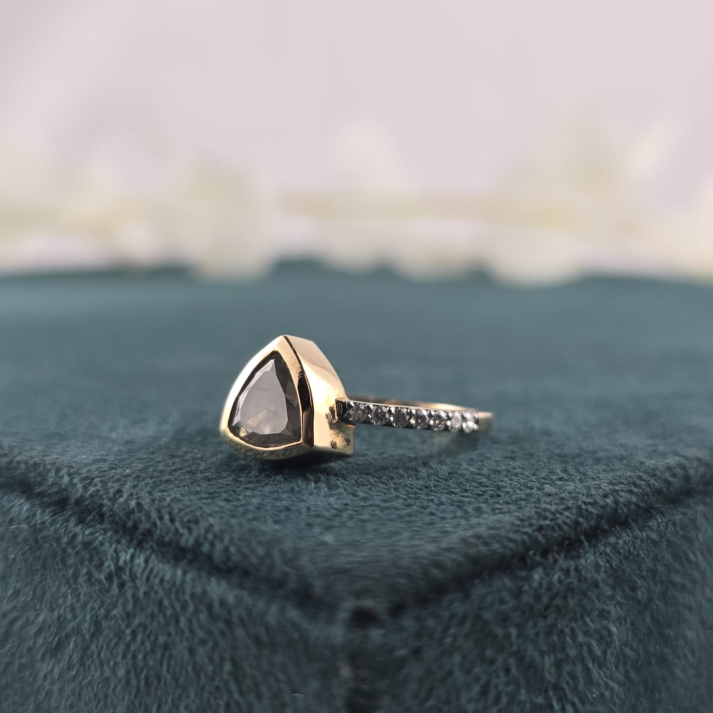 Modern Black Diamond Engagement Ring in Gold – Unique Triangle Cut Bridal Ring