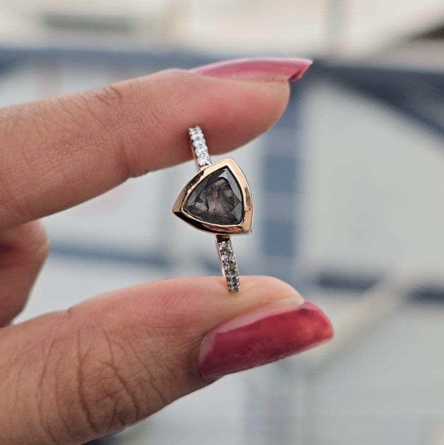 Modern Black Diamond Engagement Ring in Gold – Unique Triangle Cut Bridal Ring