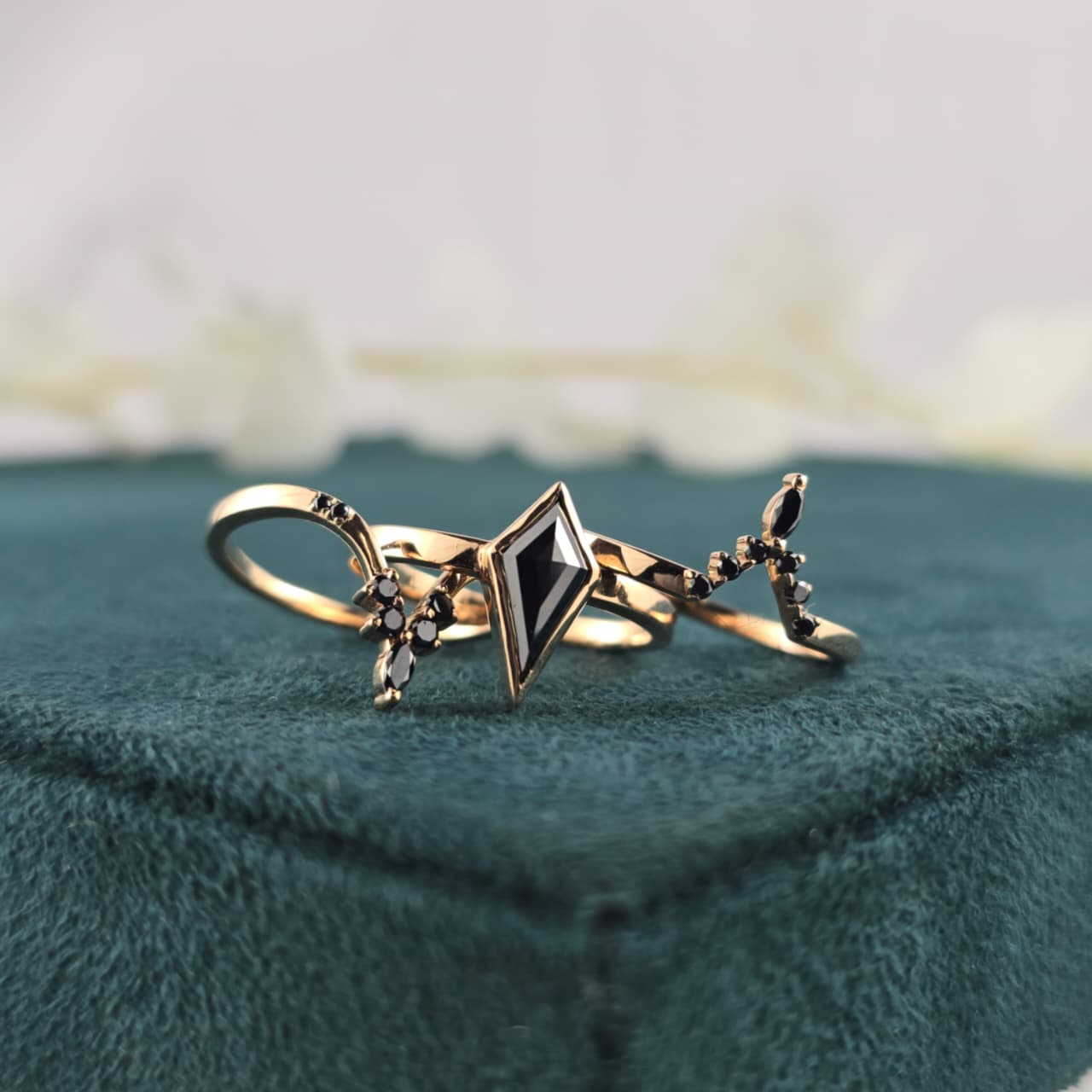 Modern Black Diamond Wedding Ring in Gold – Unique Kite-Cut Alternative Bridal Ring