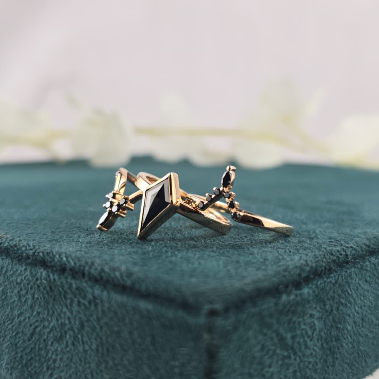 Modern Black Diamond Wedding Ring in Gold – Unique Kite-Cut Alternative Bridal Ring