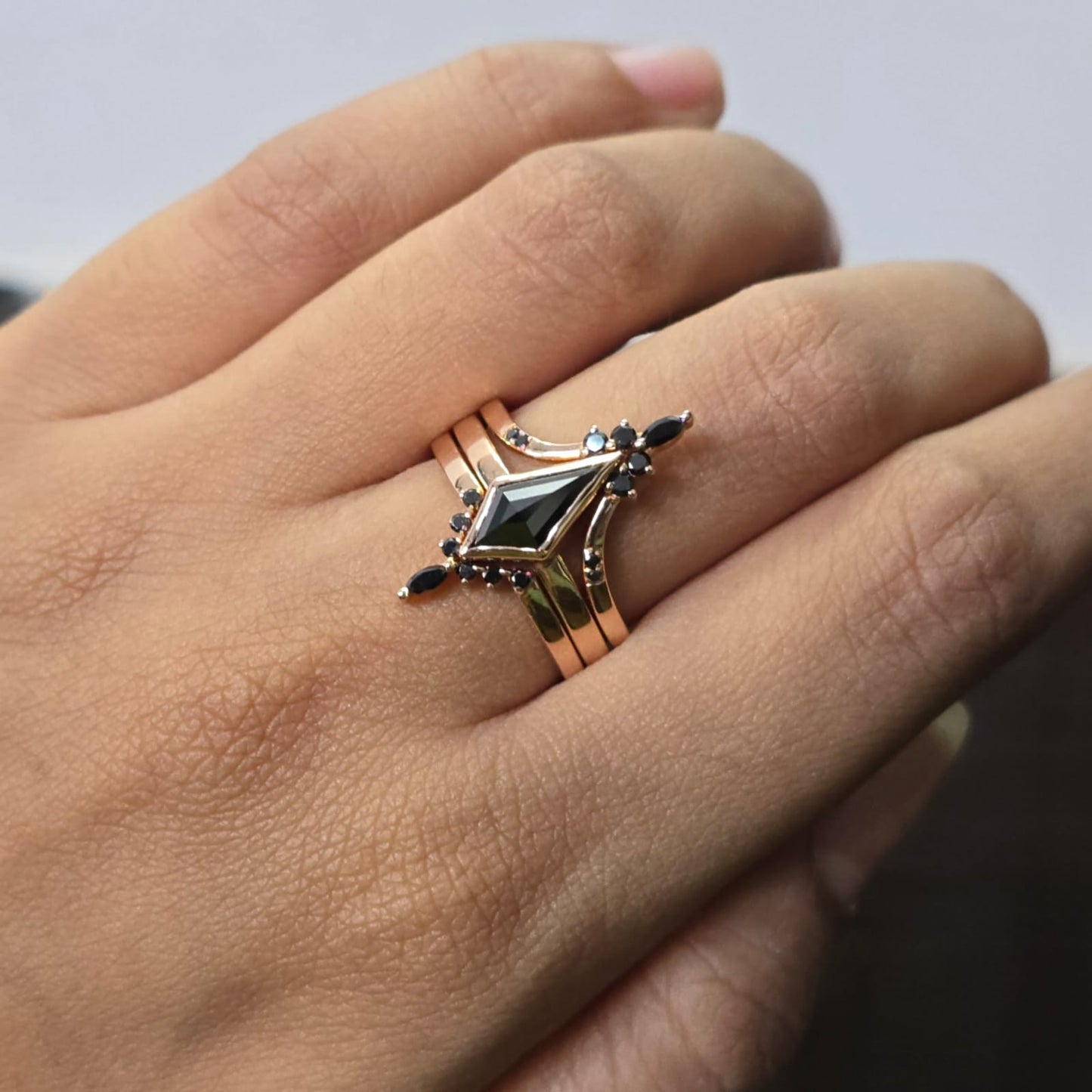 Modern Black Diamond Wedding Ring in Gold – Unique Kite-Cut Alternative Bridal Ring
