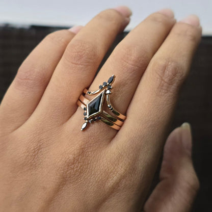 Modern Black Diamond Wedding Ring in Gold – Unique Kite-Cut Alternative Bridal Ring