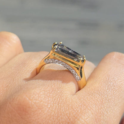 Shield Cut Salt and Pepper Diamond Ring with Pavé Band – Modern Gold Statement Ring