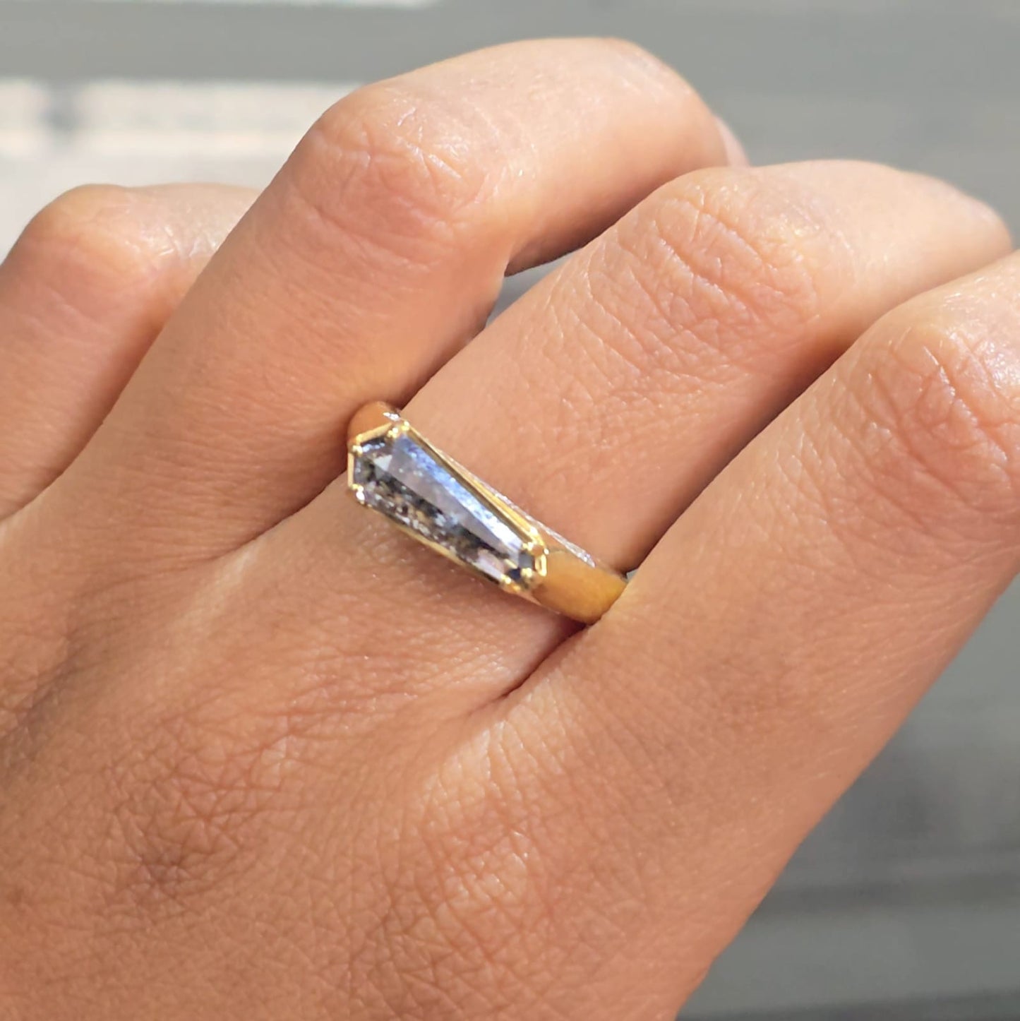 Shield Cut Salt and Pepper Diamond Ring with Pavé Band – Modern Gold Statement Ring