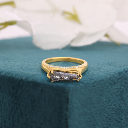 Shield Cut Salt and Pepper Diamond Ring with Pavé Band – Modern Gold Statement Ring