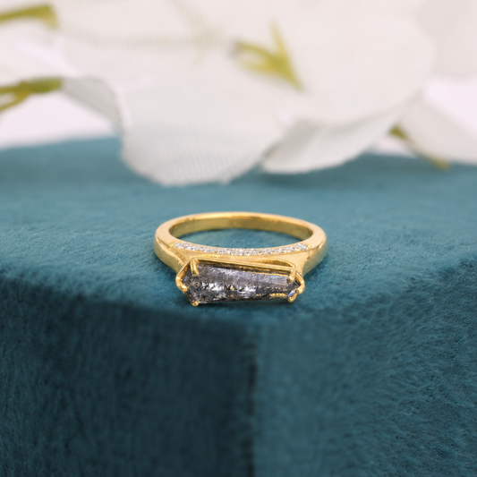 Shield Cut Salt and Pepper Diamond Ring with Pavé Band – Modern Gold Statement Ring