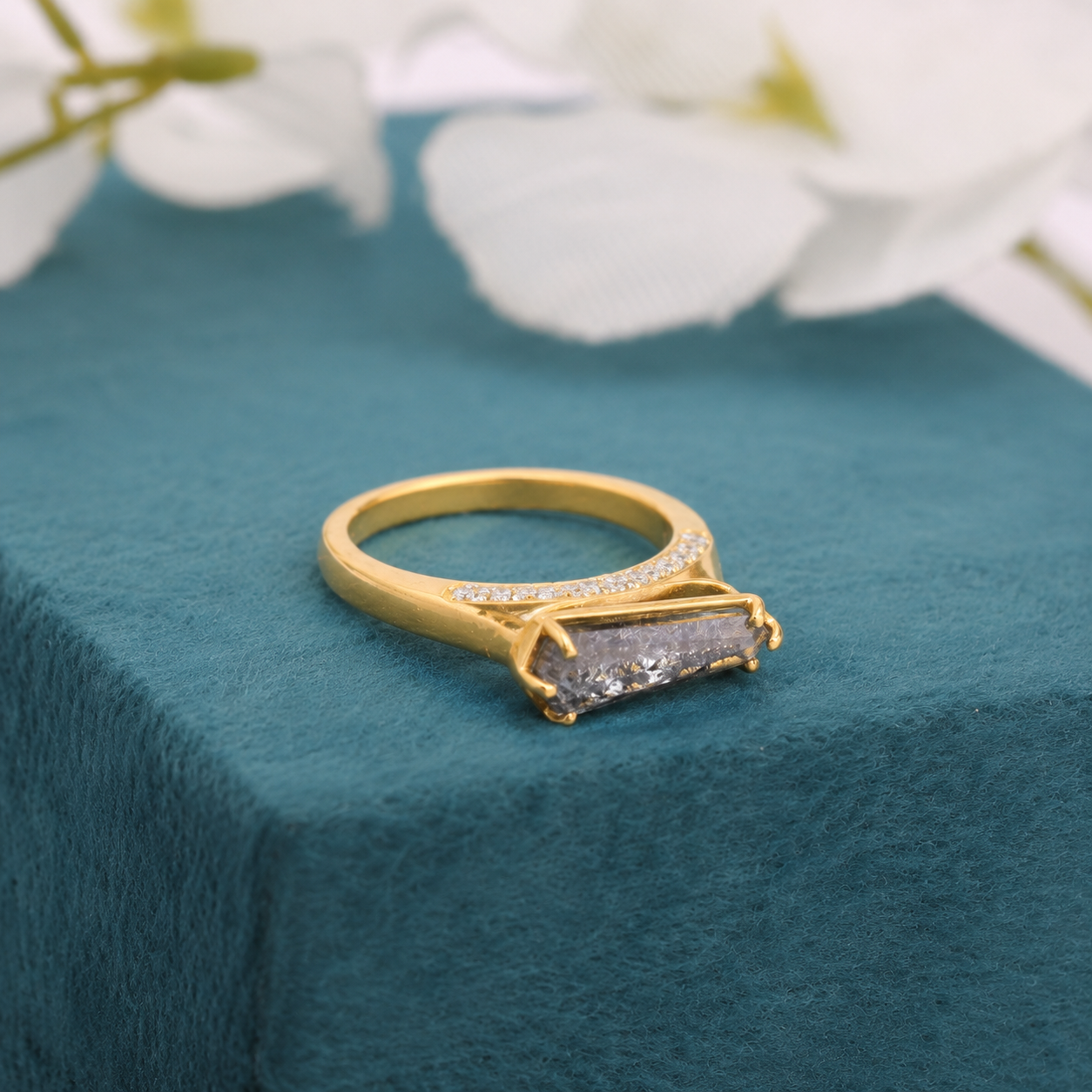 Shield Cut Salt and Pepper Diamond Ring with Pavé Band – Modern Gold Statement Ring