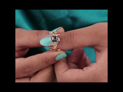 Emerald Cut Black Gem Ring – Rose Gold Leaf-Inspired Band